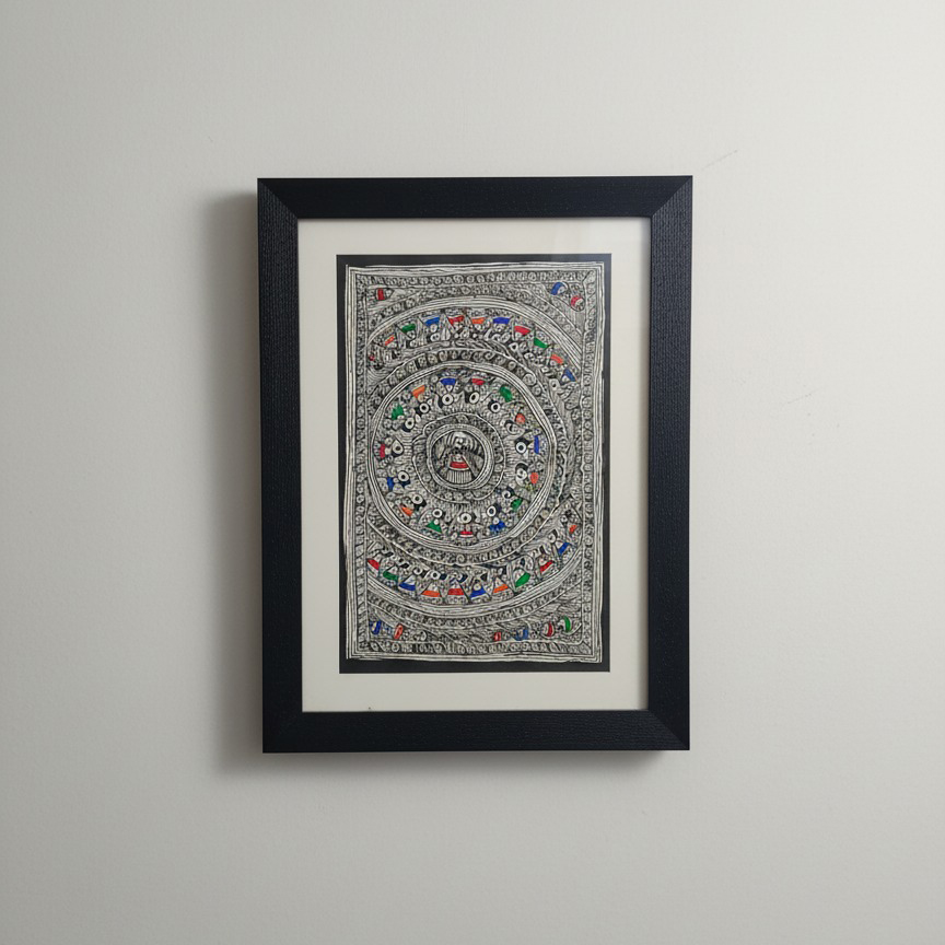 Framed Madhubani Painting – Circular Motif in Black & Multicolor