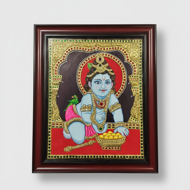 Framed Tanjore Painting – Bal Krishna with Laddu