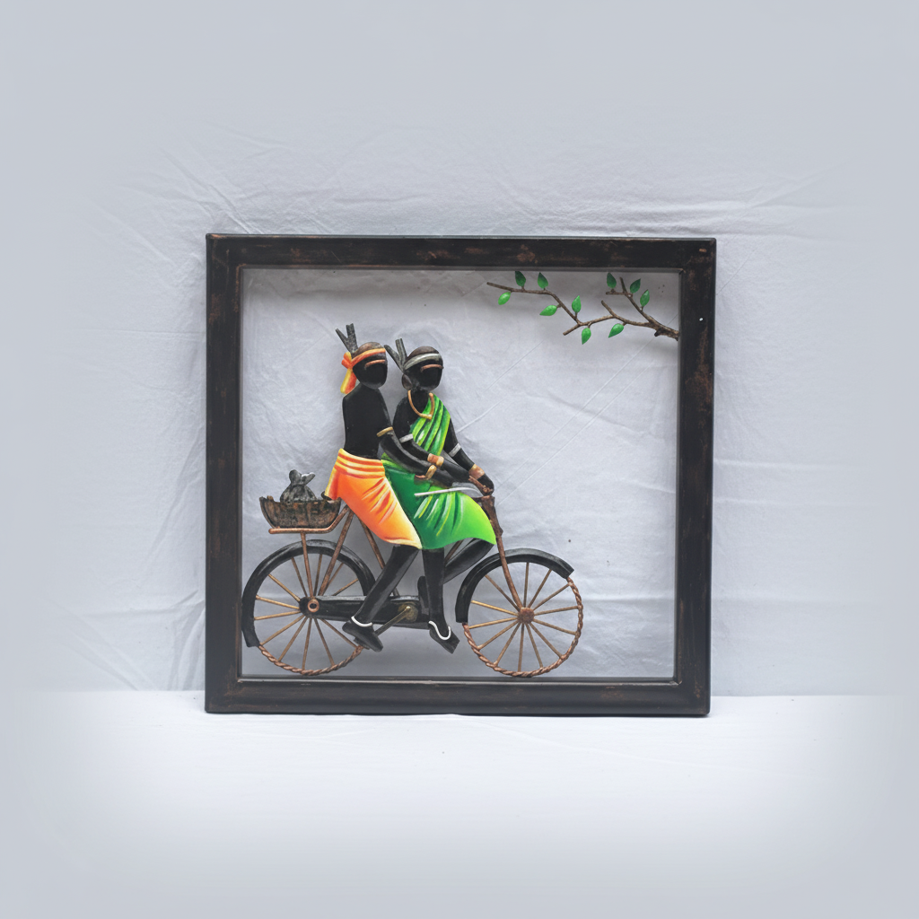 Framed Bastar Iron Art - Tribal Man on Bicycle
