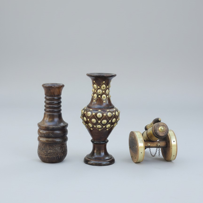 Sheesham Wood Miniature Decor Set (3 pcs) - Carved Vases and Brass-Inlay Cannon
