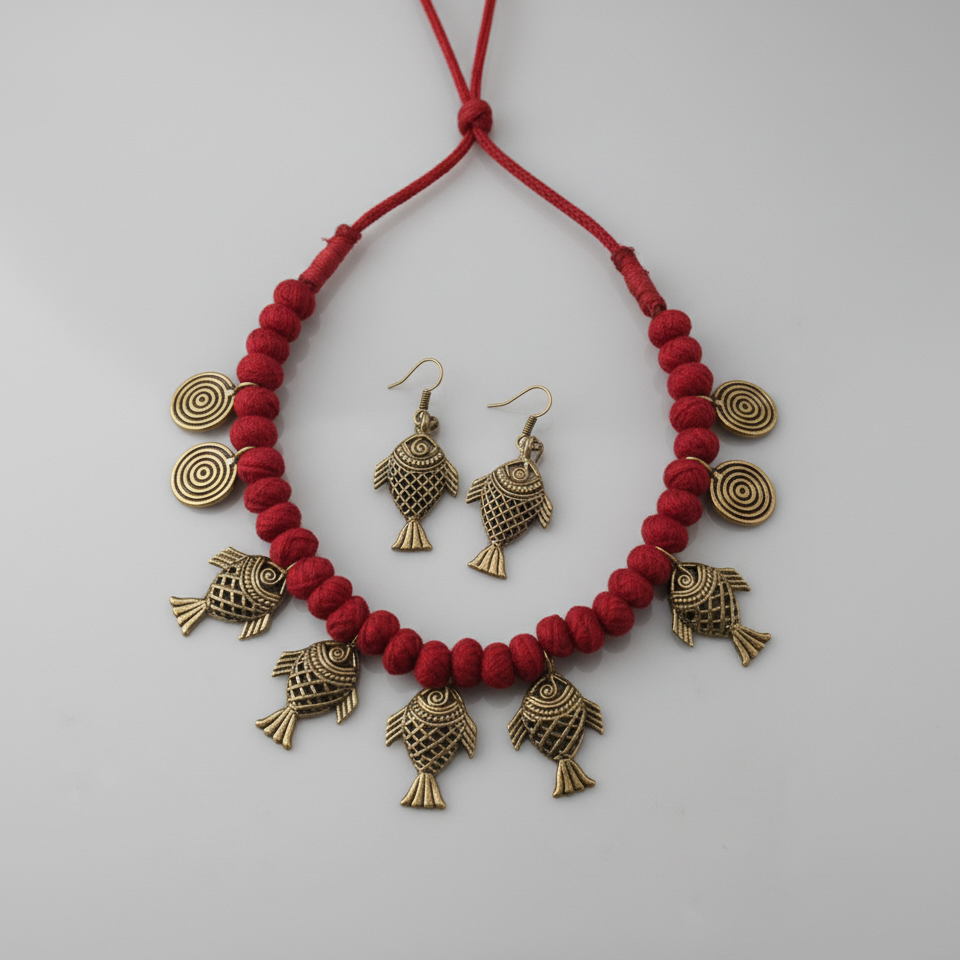Red Wool Bead Tribal Fish Necklace with Earrings