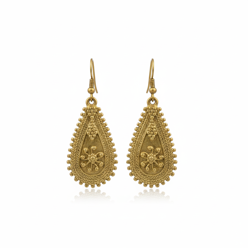 Dhokra Teardrop Earrings in Antique Gold