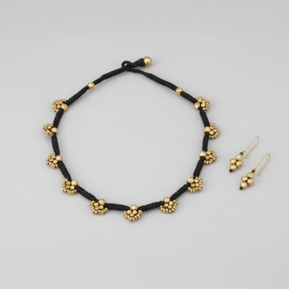 Dhokra Cluster Bead Necklace Set – Black Cord