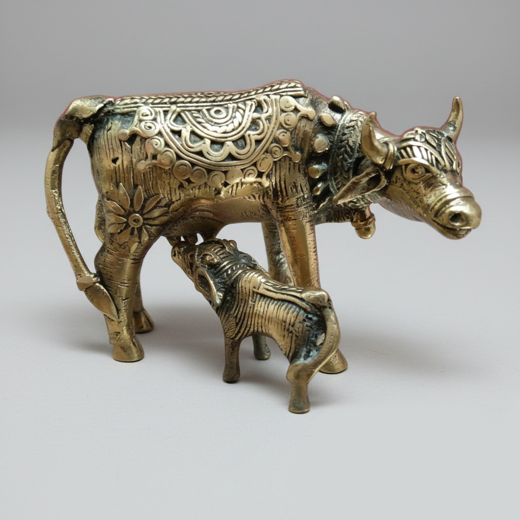 Brass Cow and Calf Figurine