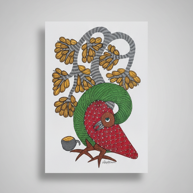 Gond Painting – Bird Under Blooming Tree