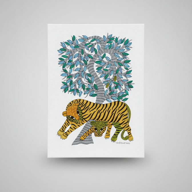 Gond Painting – Tiger Beneath the Tree