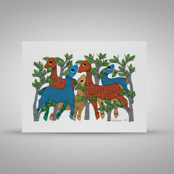 Gond Painting – Herd of Deer in Forest