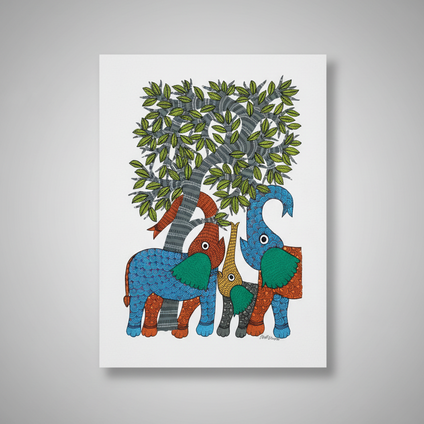 Gond Painting – Elephants Beneath the Tree