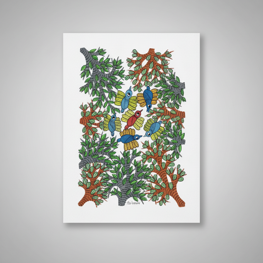 Gond Painting – Forest Birds Gathering