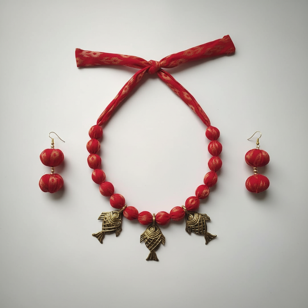 Dokra Red Fish Necklace Set (3 Fish)