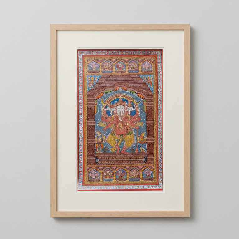 Pattachitra Painting – Panchamukhi Ganesha in Temple Niche (Framed)
