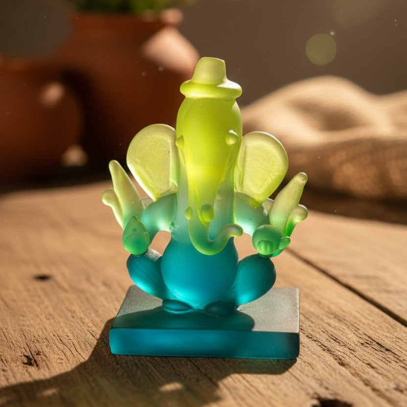 Green Blue Ganesha Glass Idol