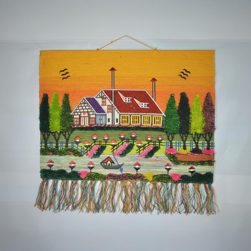 Handcrafted Jute Wall Hanging – Village House (Sunset Theme)
