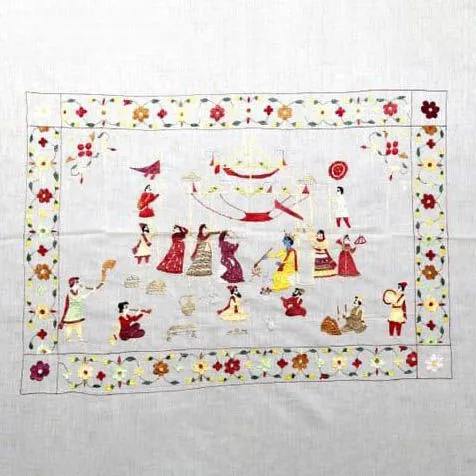 Handcrafted Chamba Rumal with Village Festival Scene Embroidery