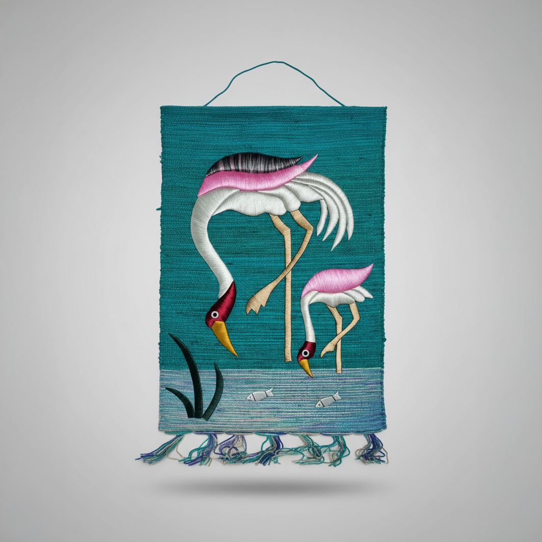 Jute Wall Hanging – Cranes on Teal Background