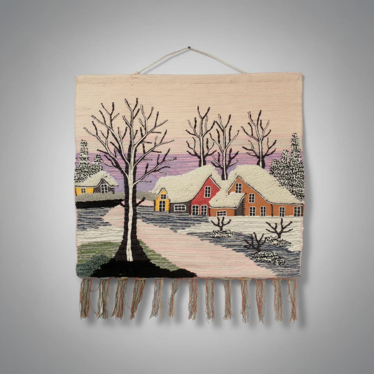 Jute Wall Hanging – Snow Village Scene
