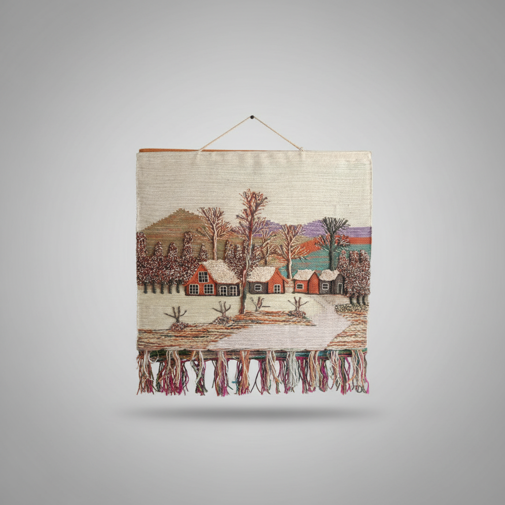 Jute Wall Hanging – Winter Village Landscape