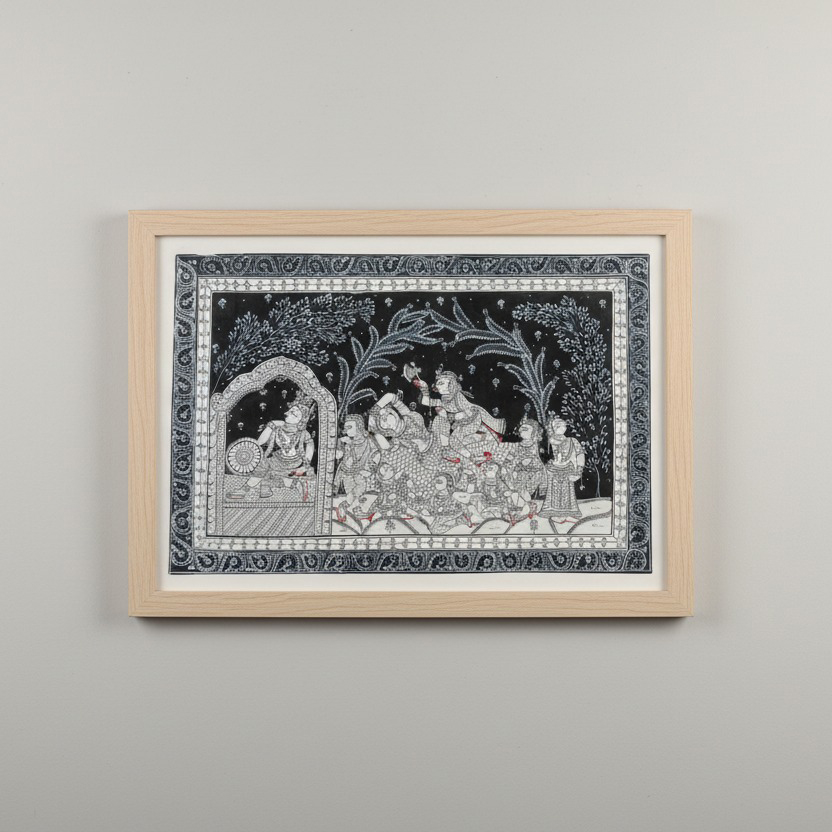 Monochrome Pattachitra – Courtly Evening under Trees (Framed)