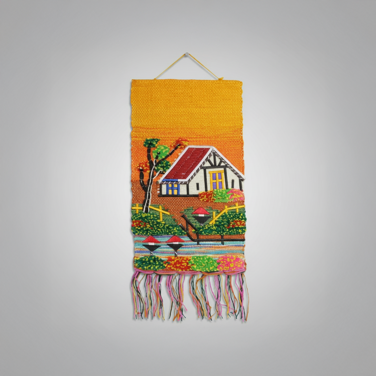 Jute Wall Hanging – Cottage on Orange Background