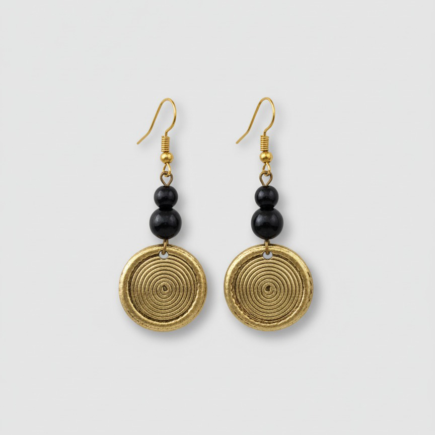 Handcrafted Brass and Black Bead Earrings