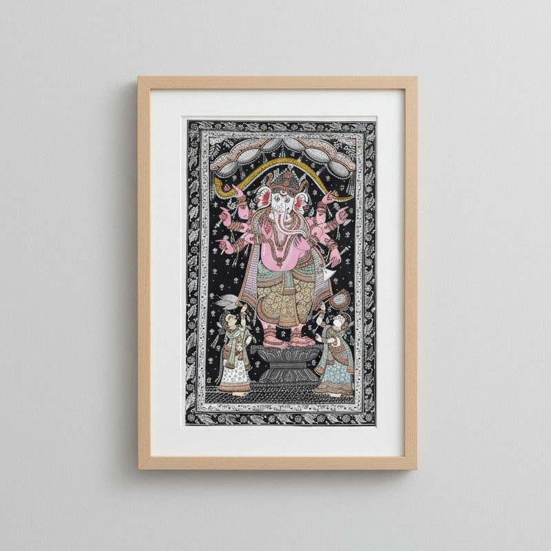 Monochrome Pattachitra – Panchamukhi Ganesha with Attendants (Framed)