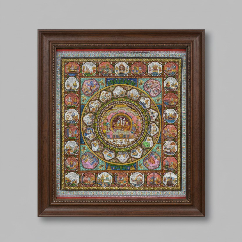 Pattachitra Mandala – Radha-Krishna with Narrative Medallions (Framed)