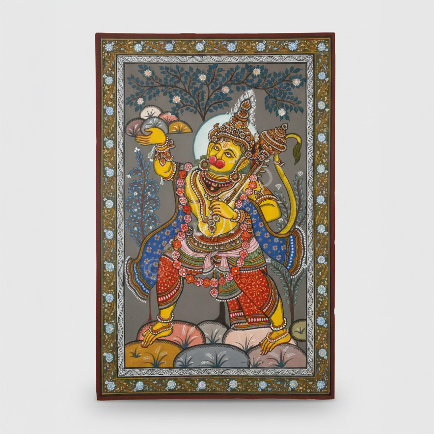 Pattachitra Painting – Lord Hanuman in Dynamic Pose (Framed)