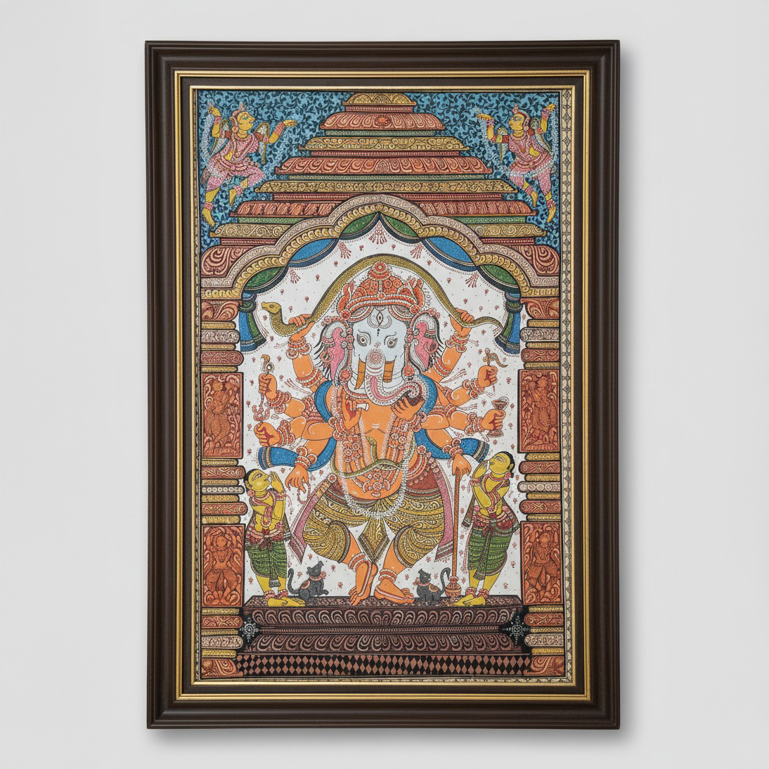 Pattachitra Painting – Ganesha in Fiery Orange Shrine (Framed)