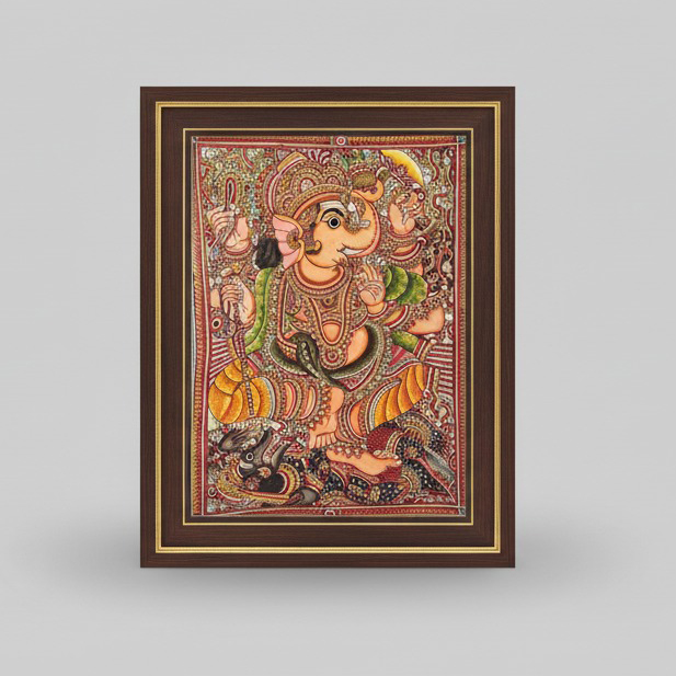 Pattachitra Painting – Ganesha in Regal Dance Pose (Framed)