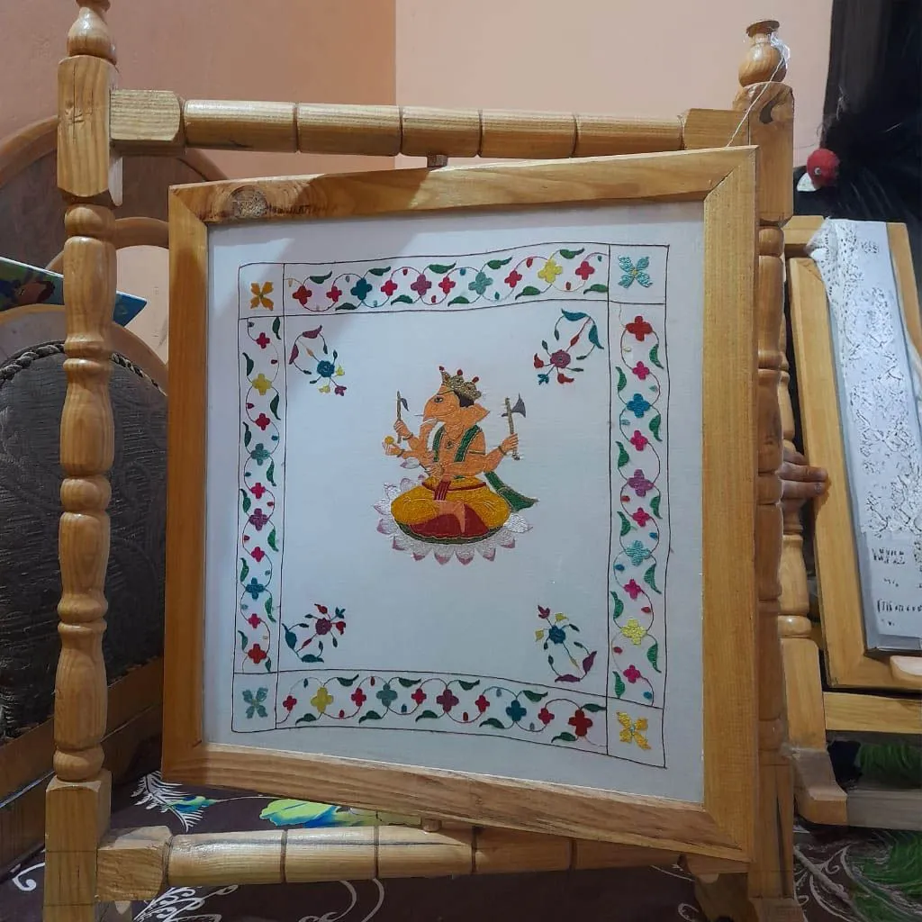 Framed Chamba Embroidery Art - Ganesha Depiction