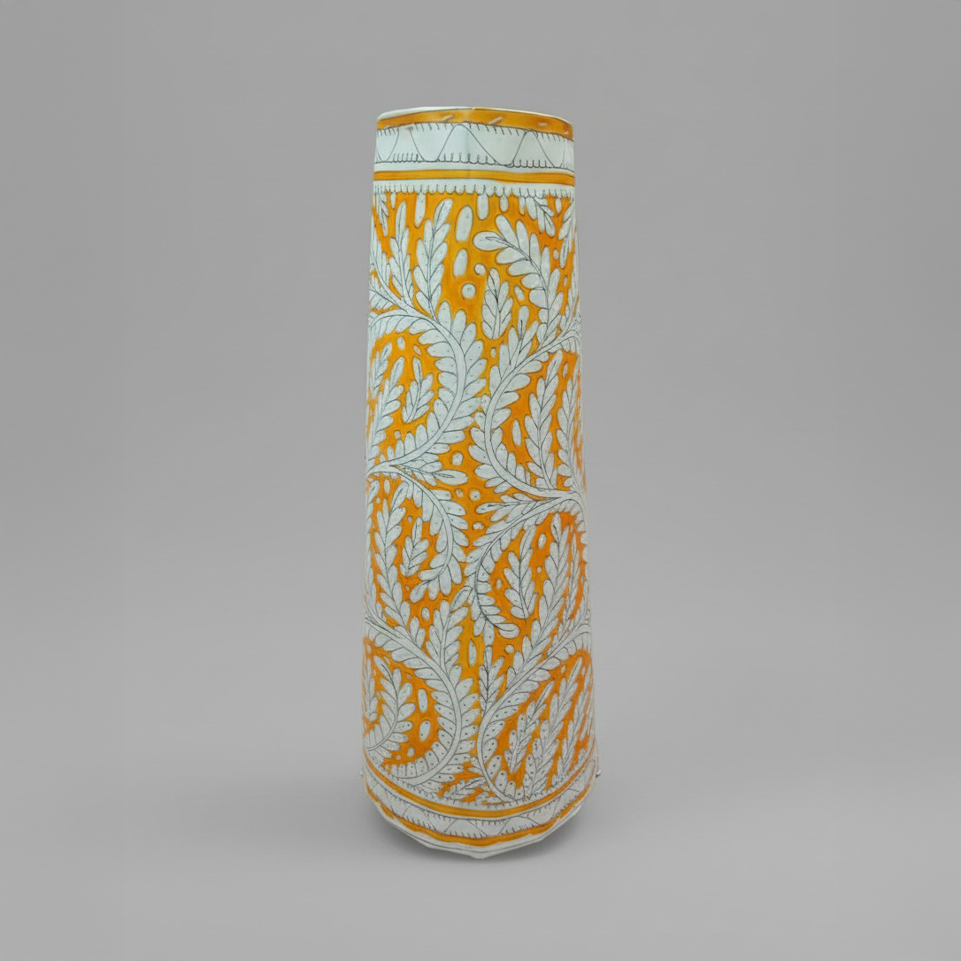 Leather Lamp – Tall Conical Pattachitra Shade (Ivory Leaf Vines)