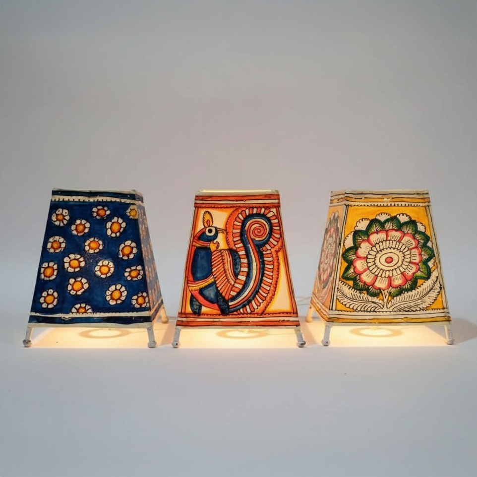 Set of 3 Pattachitra Style Hand-Painted Mini Lamps