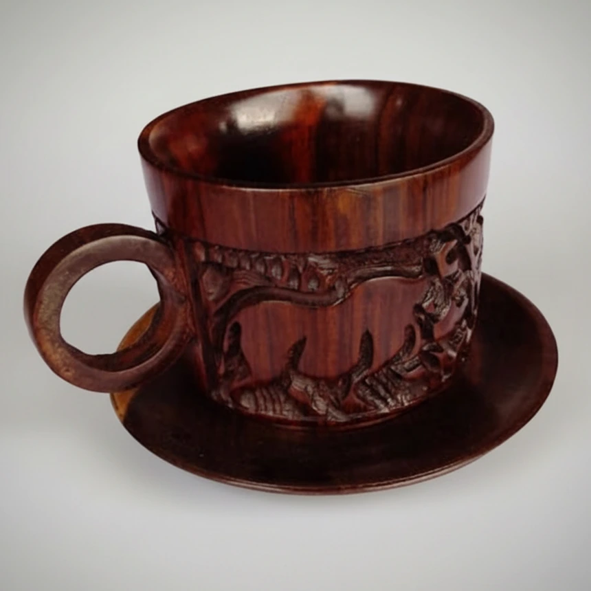Wood Carved Tea Cup Plate